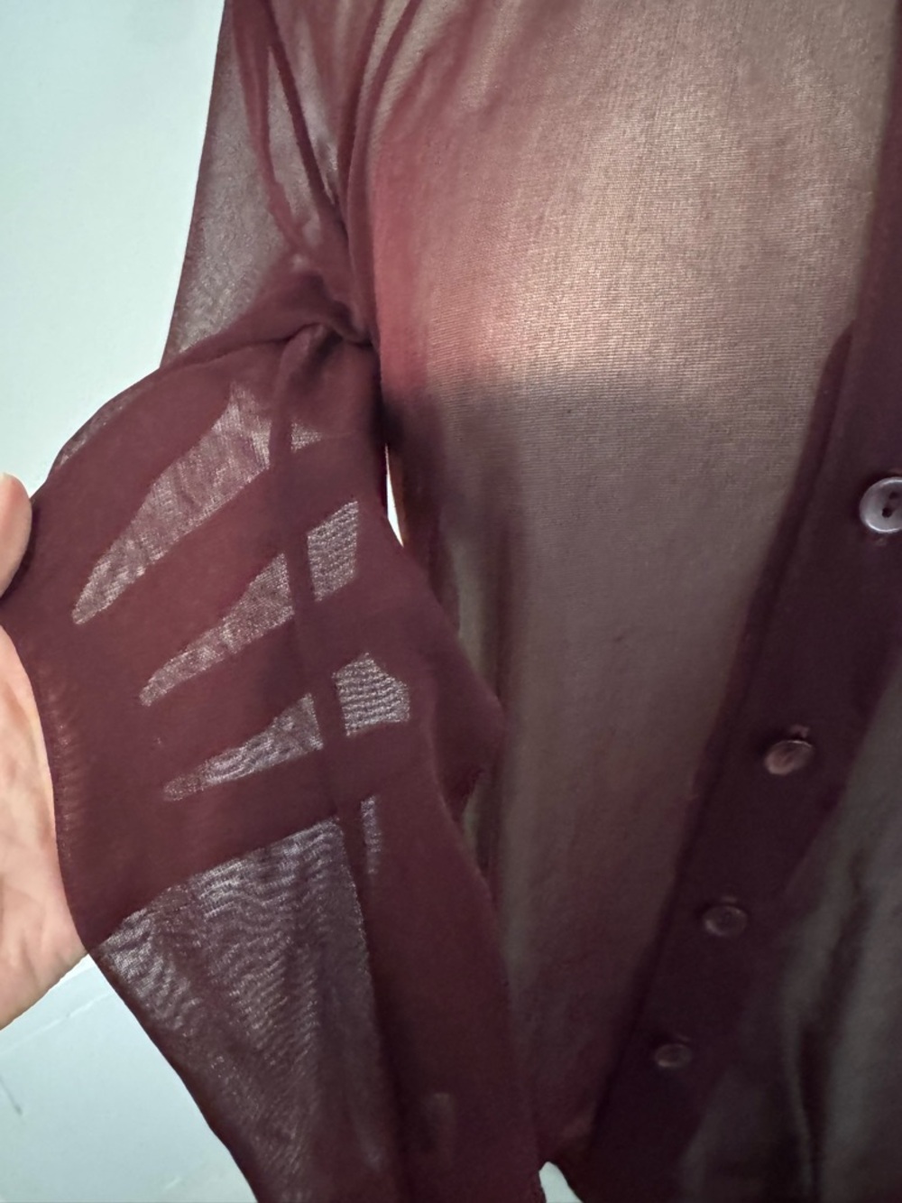 Anxiety Cafe Burgundy Sheer Collared Long Sleeve Button Down VTG Top Blouse M - Picture 2 of 11